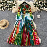 High-End Elegant Dress Women Fashion Nail Ball Collar Hollow Pressure Folding Lantern Sleeves To Print Long Skirt