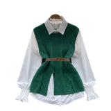 Korean Style Suit Women's Casual Long-Sleeved Shirt + Waist V-Neckless Knitted Vest Two-Piece Set