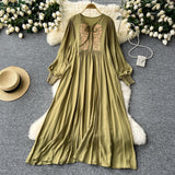 Heavy Industry Embroidery Loose Holiday Dress Women Large Size Show Lean Meat Sweet Tie With Round Lantern Sleeve Dress