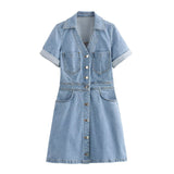 Shirt-Style Denim Skirt 2025 Spring And Summer Roll Sleeves V-Neck Single Buckle High Waist Repair A-Word Mini Dress Woman