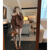 Tibetan Blue Oblique Shoulder Design Long-Sleeved Shawl Dress Women Autumn Lazy Wind Top A Word Half-Body Dress Two-Piece