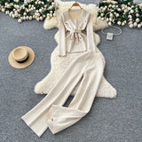 European Goods Fashionable Wearing A Famous Man's High-Level Feeling Strapped With A Waist Suit Collar Long-Sleeved Knitted Top High Waist Broad Leg Trousers