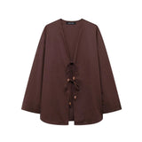 2025 Summer New Women's Casual V-Neck Bow Tie And Suit Top Straight Trousers Set