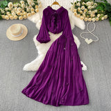 Gentle Style Pink Three-Dimensional Flower Collar Lantern Sleeve Shirt Lady Autumn High-Rise Dress Set
