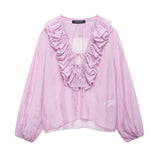 Z Early And Early Autumn New French Sweet V-Neck Thin Long-Sleeved Lotus Leaf Shirt Top 8544207
