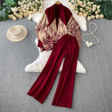 High-End Temperament Bottom Half-High Collar Sweater + Printed Knitted Shawl Jacket + High Waist Lanky Trousers Three-Piece Set