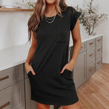 Wish Summer Large-Size Burst Solid Color With Pocket Casual Round Collar Dress Woman