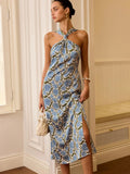 2025 New Women's Holiday Style Hanging Neck Sling Skirt French Temperament Print Dress