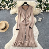 High-Level Small-Sized Famous Woman Hit The Color V-Neck Long Sleeve Single Buckle Waist Knitted Dress Women With Fish Tail