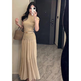 Apricot High-Waisted Folding Skirt Dress Girl 2025 Spring Lanky Wind Hanging Feeling Big Skirt A Word Long Skirt