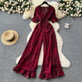 Summer Dress Holiday Wear Chic Light Leisure V Collar Short Sleeves Tight Waist High Waist Thin Leg Print Jump Trousers