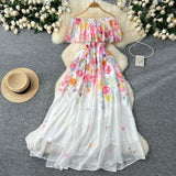 Sexy Holiday Style Shoulder Lotus Leaf Side To Receive Waist Temperament Long Swing Print Chiffon Dress
