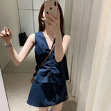 Hong Kong Style Retro Thin Temperament New Vest Solid Color Simple And Irregular Fashion Shorts Two-Piece Suit Woman