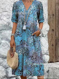 2025 New Printed Summer V-Neck Casual Holiday Bag Dress Home Clothes Women