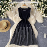 Simple Sleeveless Round-Necked Striped Knitted Dress Women's Summer Waist Design Small Fairy Mid-Long Dress