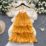 Yellow Dress Women 2025 Summer French Atmosphere With A Sense Of Hanging Neck Sling Lotus Side Splicing Cake Holiday Skirt