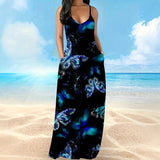 Fashion New Summer Dress Female Butterfly Print V-Necked Long Dress