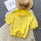 Short-Sleeved Knitted Women 2025 Summer South Korea Ins New Trendy Sleek Striped T-Shirt Women's Tops