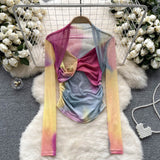 Spice Girls Tie-Dye Mesh Jersey Long-Sleeved T-Shirt Girl Thin Perspective Temperament Fashion Folding Top