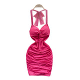 Hottie Wind Hanging Neck Sling Dress Women Summer Shiny Folds Design Ass Short Skirt
