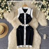 Light Luxury High Sense Sleeveless Knitted Dress Female Polo Collar Single Buckle Design Niche Sister Temperament Dress