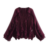 Spring 2025 New Women's V-Neck Single Buckle Long-Sleeved Cascade Decorative Shirt 10 Colors