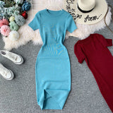 Short-Sleeved Solid-Color Temperament Round-Neck Knitted Tight Skirt Dress Bag Hip One-Step Skirt Dress Mid-Long Model