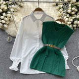 Korean Style Suit Women's Casual Long-Sleeved Shirt + Waist V-Neckless Knitted Vest Two-Piece Set