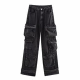 Women's Loose Jeans 2025 Spring French Retro Casual Multi-Pocket High-Waisted Trousers