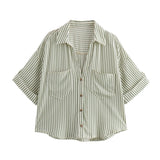 2025 Spring And Summer New Women's Fashion Casual Collar Striped Wide-Sleeved Shirt