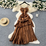 French Goddess Fan Design Sense Square Neck Sling Sling Sling Folds To The Waist Lotus Leaf Dress Girl Dress Dress