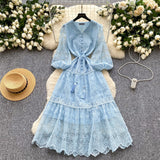 French High-End Elegant Dress Female Senior Sense Strap To The Waist Lantern Sleeve Embroidered Mesh A Word Over Knee Dress