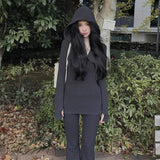 Korean Retro Black Hooded Long-Sleeved Knitted Shirt Micro-Sleeves Friserie Women Autumn And Winter Slimming Two Sets