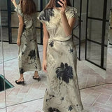 Women's Clothing 2025 Spring New Temperament Elegant Silk-Sting Texture Waist-Print Amply Dress