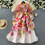 Spring 2025 Court Wind V Tie Belt Belt Belt Belt Lantern Sleeve Print Thin Long Dress