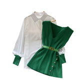 Two Sets + V Cooked Two Autumn Dress New Loose Wind Collar Knitted Tagonal Knitting Set Shirt Collar