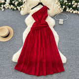 Holiday Style Dress Summer New Three-Dimensional Flowers Twilled Shoulderless Sleeveless Waist-Sloping Long Dress