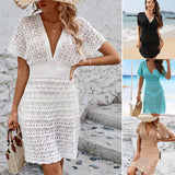 2025 New Beach Dress Corrugated Hollow Dress Deep V Elastic Waist Hot Beach Burqa
