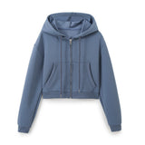 Women's Casual Sports Suit Spring Big Pocket Hooded Long Sleeve Zipper Repair Short-Sized Tidaught Rope Waist