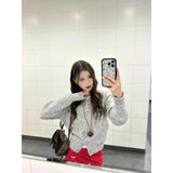 Spring Gray Round Collar Small Fragrant Knitted Top Woman 2025 Spring Small Man Super Fire Single Special Coat Thin