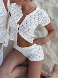 2025 Spring And Summer New Women's Shawl Short Hollow Knitted V-Necked Shirt Shorts Lace
