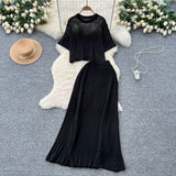 Summer Dress A Complete Set Of Women's Han Yen-Down Short-Sleeved Knitting Blouse High Waist Slim Half Body Skirt Two Sets