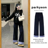 Tibetan Blue Roll Edge Design Wide Leg Slack Women 2025 Spring And Autumn High-Waist Loose Straight Straight Trousers