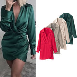 Side Wrinkled Dress 2025 Spring And Summer Shirt Style Long-Sleeved V-Neck High Waist Repair Short Mini Skirt