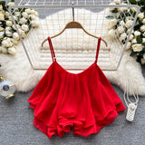 2025 Summer Korean Version Of The New Loose Lotus Leaf Side Shoulder Double Sleeveless Sleeveless Sling Sling Vest Female Wear