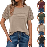 2025 New Women's Round Collar Casual T Overalls Solid Color Lace Sleeve Top