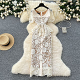 High-End Small Scented Dress Female Elegant Diamond Buckle Clame Collar Short-Sleeved Hollow Lace Dress