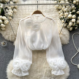 French Shirt Female Design Sense Small Three-Dimensional Flower Bubble Sleeves To Reduce The Age Of Pure Color Chiffon Shirt Women's Long-Sleeved Top
