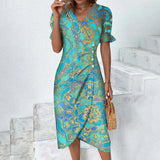 A Large Number Of New 2025 Summer Hot Sales Geometric Collage Bubble Sleeve Irregular Pendulum Dress