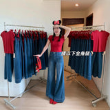 Vintage Blue Hanging Horn Jeans Women Spring And Autumn Small High-Waisted Loose Broad Legs Long Trousers